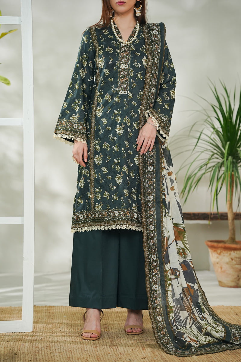 VS Daman Print Lawn`26 D#734 Bottle Green