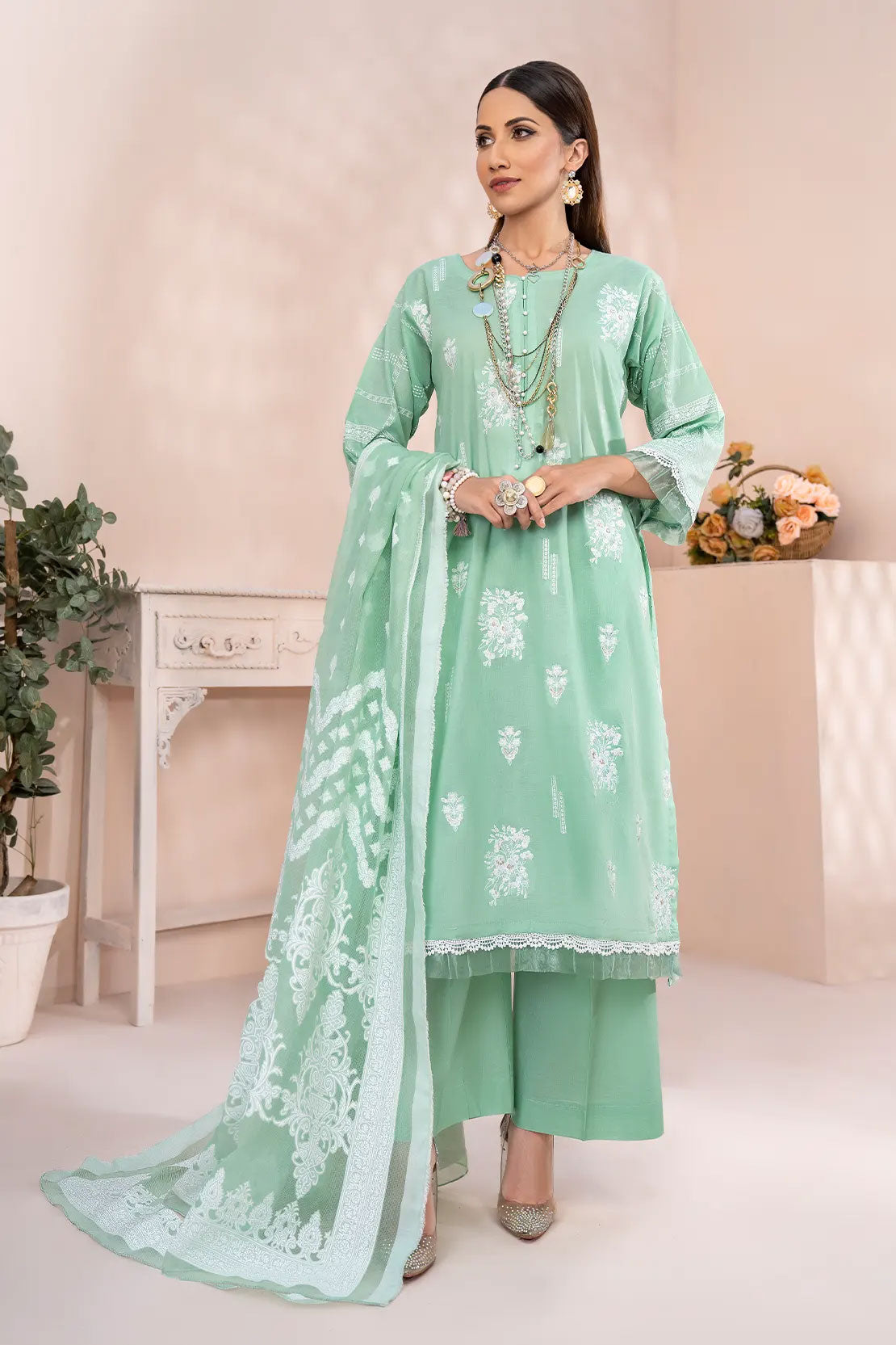 Rashid White Emb Lawn'23 D#5561 Green