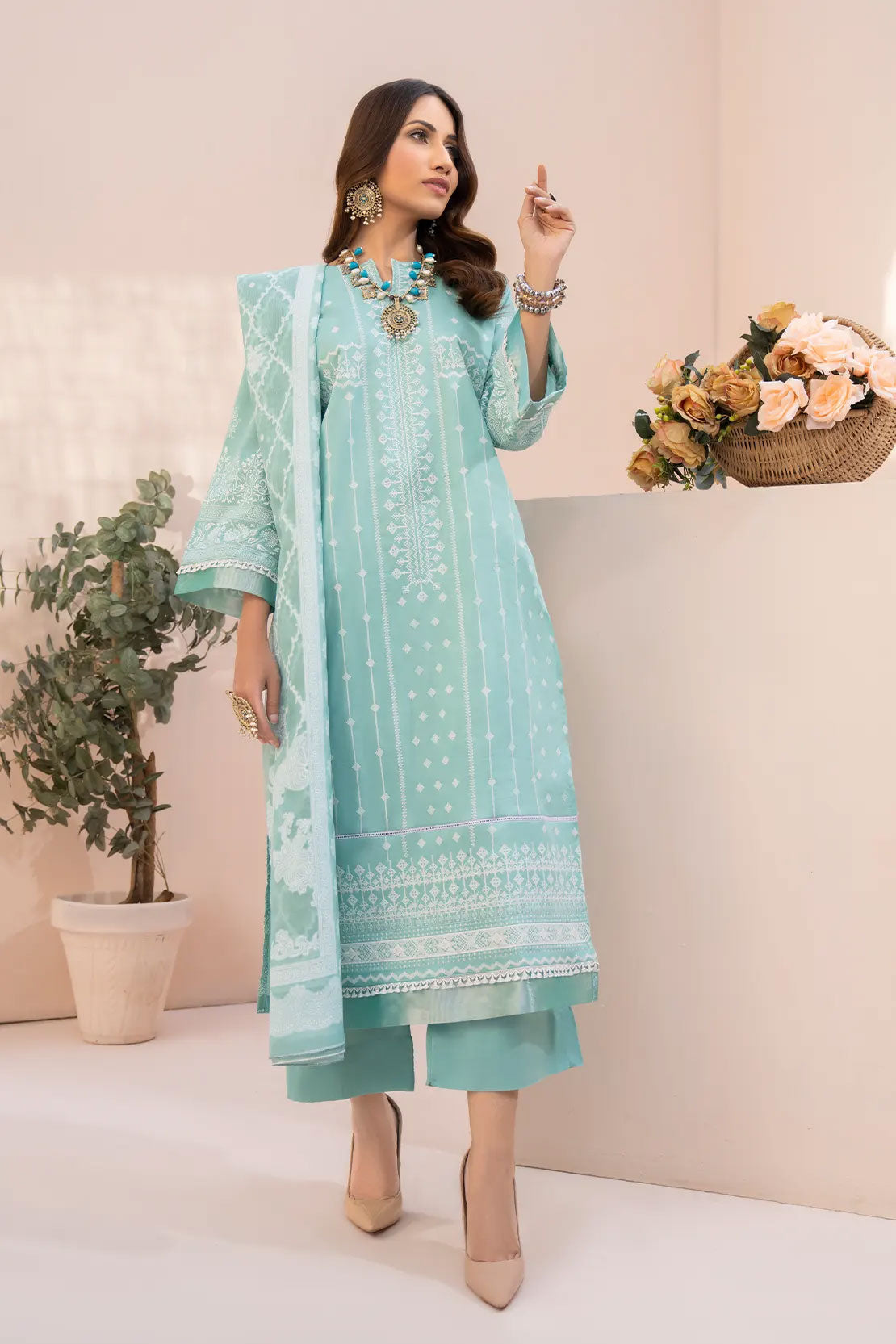 Rashid White Emb Lawn'23 D#5563 Turquoise
