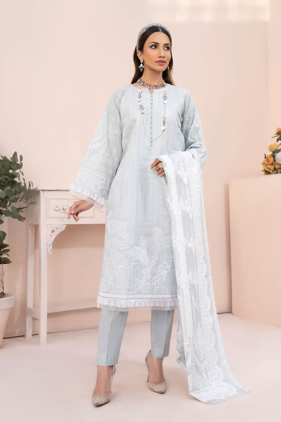 Rashid White Emb Lawn'23 D#5565 G Grey