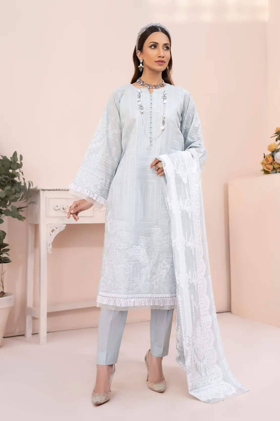 Rashid White Emb Lawn'23 D#5565 G Grey